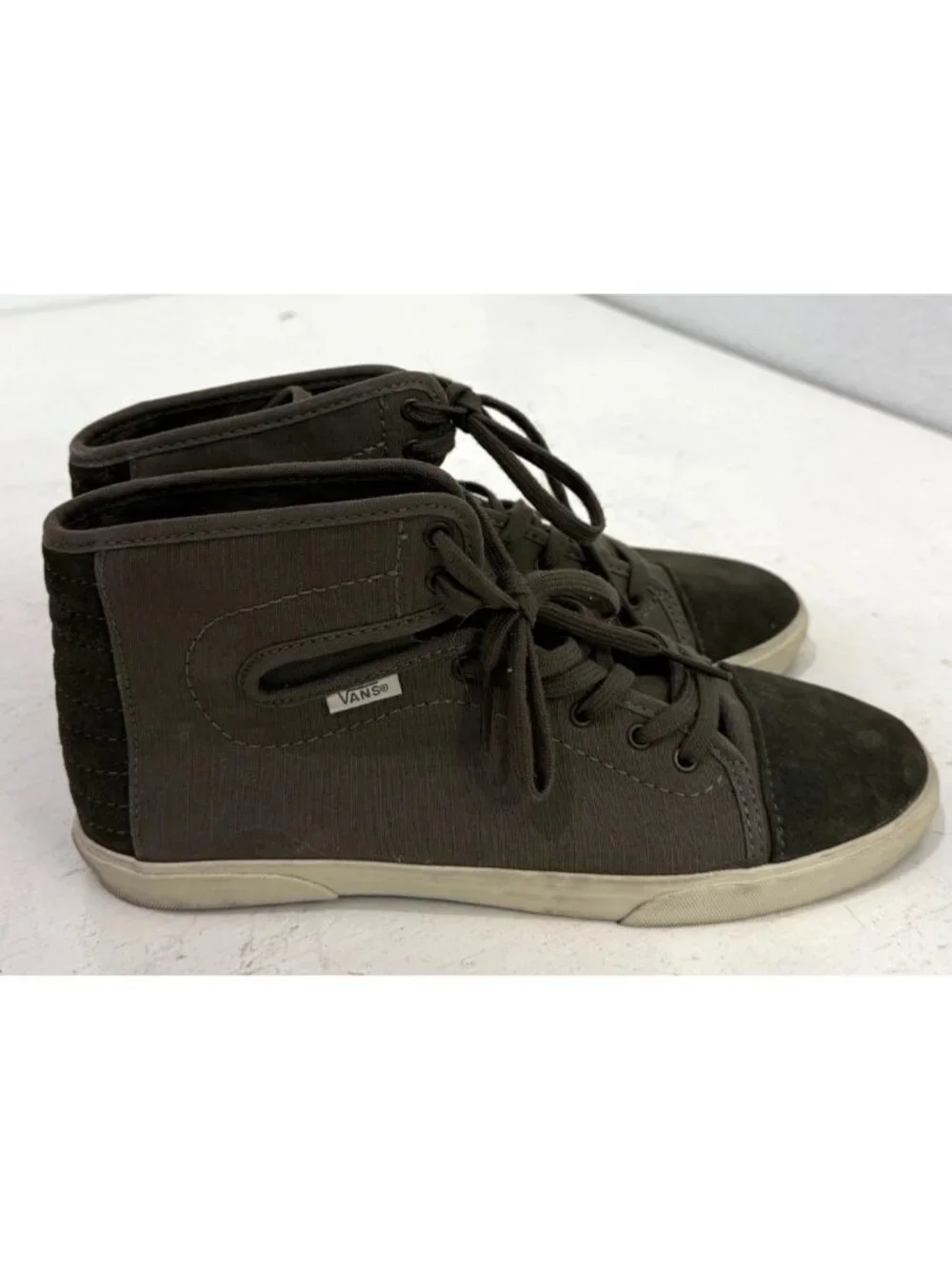 Vans High Top Lace Up Sneakers Olive Green Canvas Suede Streetwear Shoes Size 8